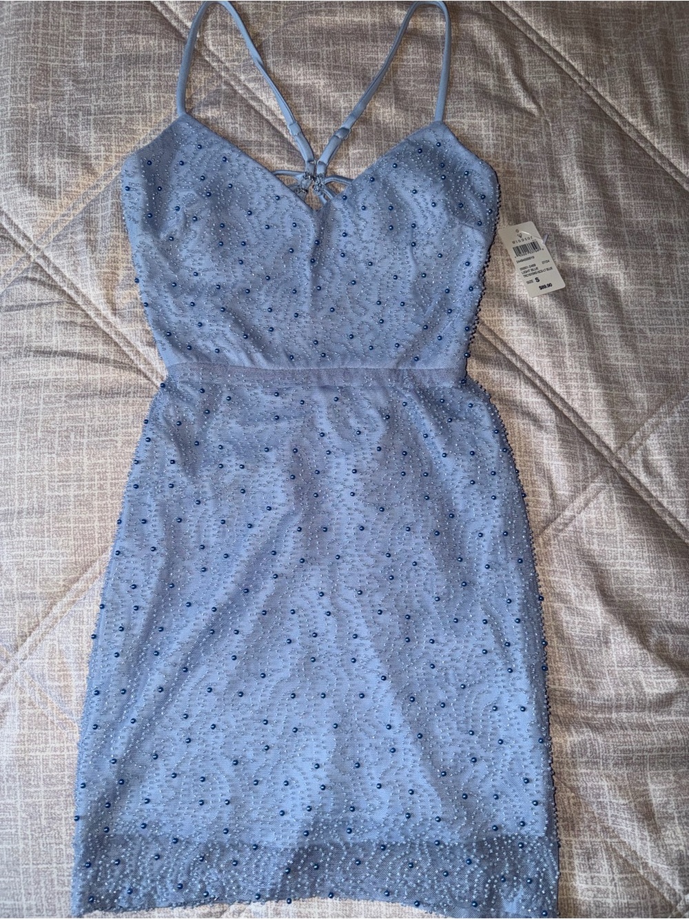 Windsor Light Blue Beaded Spaghetti Strap Mini Dress
